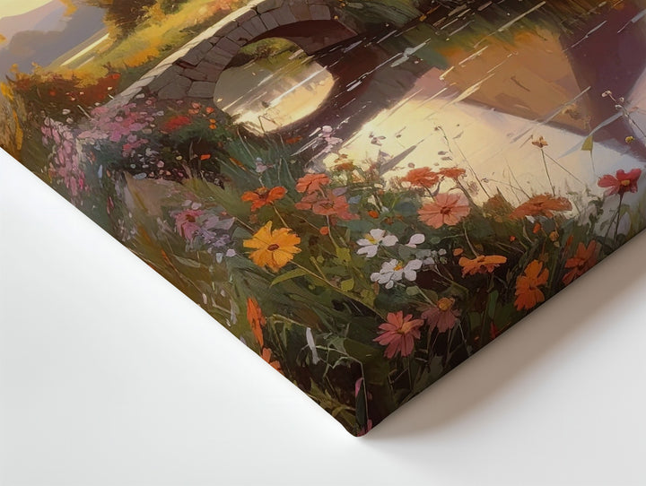 Sunset Chapel Canvas Wall Art – Impressionist Country Church with Flowers & Stream - Gifitto