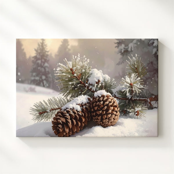 Frosted Pinecones in Snow Canvas – Rustic Winter Nature Still Life - Gifitto