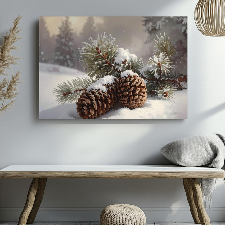 Frosted Pinecones in Snow Canvas – Rustic Winter Nature Still Life - Gifitto