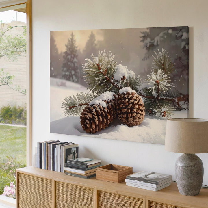 Frosted Pinecones in Snow Canvas – Rustic Winter Nature Still Life - Gifitto