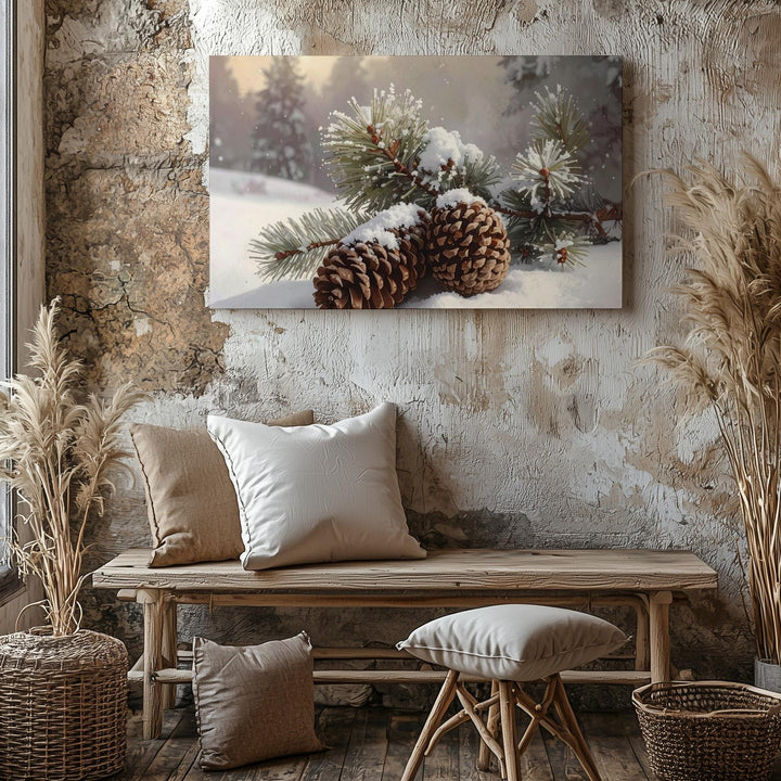 Frosted Pinecones in Snow Canvas – Rustic Winter Nature Still Life - Gifitto