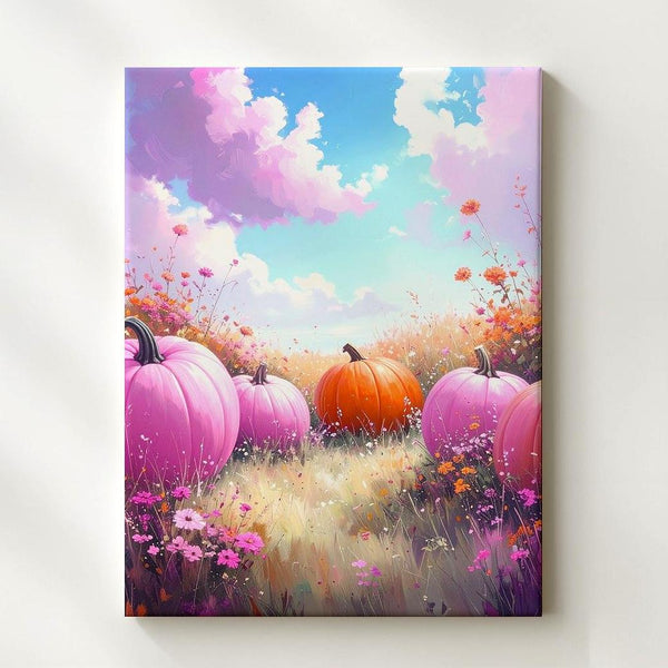 Whimsical Pumpkin Meadow Canvas – Feminine Fall Landscape Wall Art - Gifitto