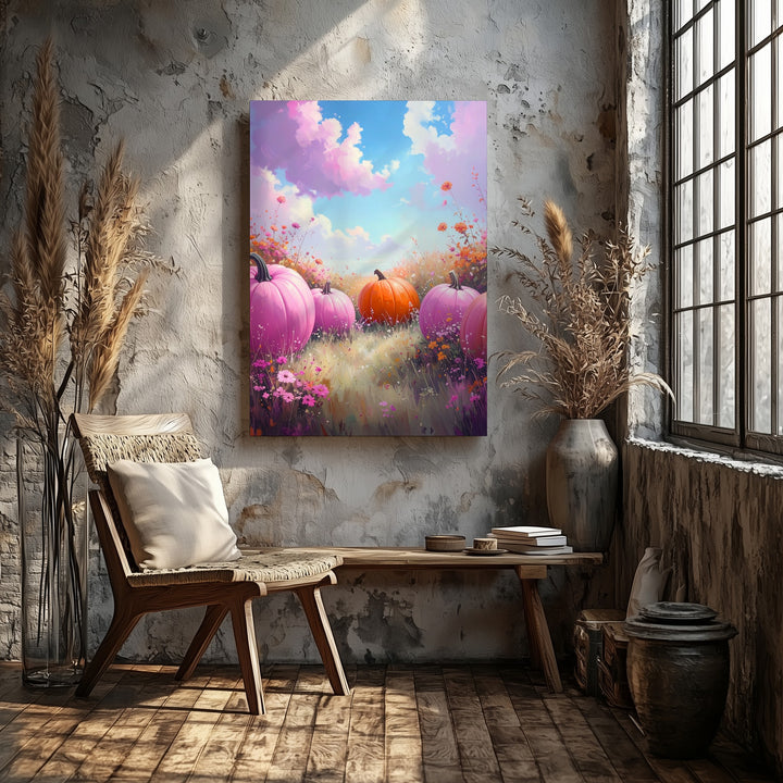 Whimsical Pumpkin Meadow Canvas – Feminine Fall Landscape Wall Art - Gifitto