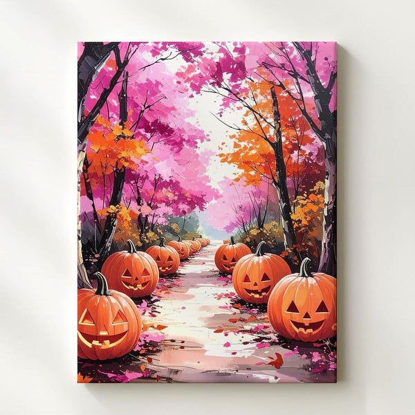 Dreamy Pumpkin Trail Canvas – Pink & Orange Fall Fairytale Art - Gifitto
