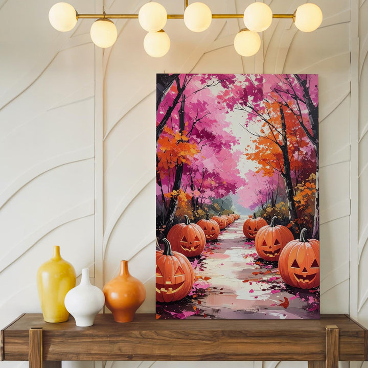 Dreamy Pumpkin Trail Canvas – Pink & Orange Fall Fairytale Art - Gifitto