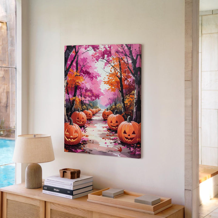 Dreamy Pumpkin Trail Canvas – Pink & Orange Fall Fairytale Art - Gifitto
