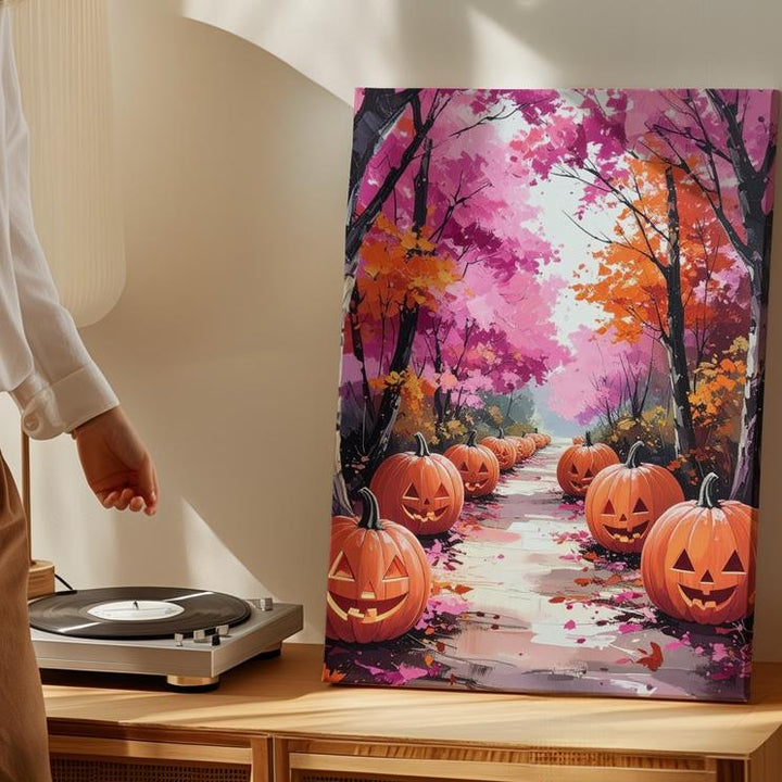 Dreamy Pumpkin Trail Canvas – Pink & Orange Fall Fairytale Art - Gifitto