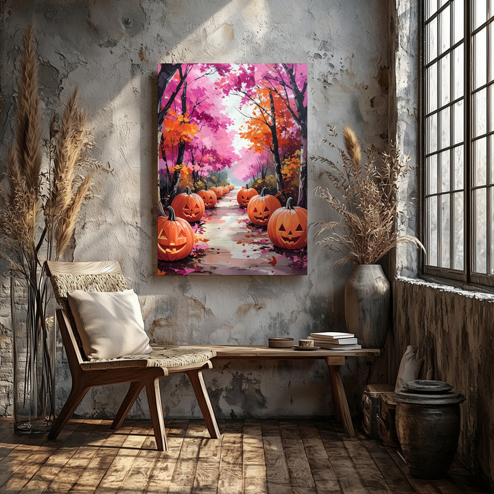 Dreamy Pumpkin Trail Canvas – Pink & Orange Fall Fairytale Art - Gifitto