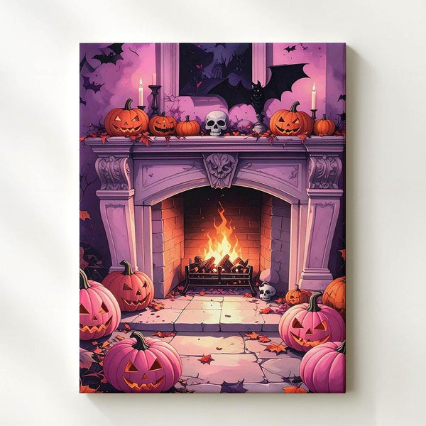 Pink & Purple Halloween Fireplace Canvas – Vibrant Skull and Pumpkin Wall Art - Gifitto