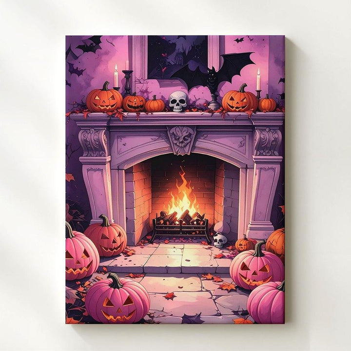 Pink & Purple Halloween Fireplace Canvas – Vibrant Skull and Pumpkin Wall Art - Gifitto