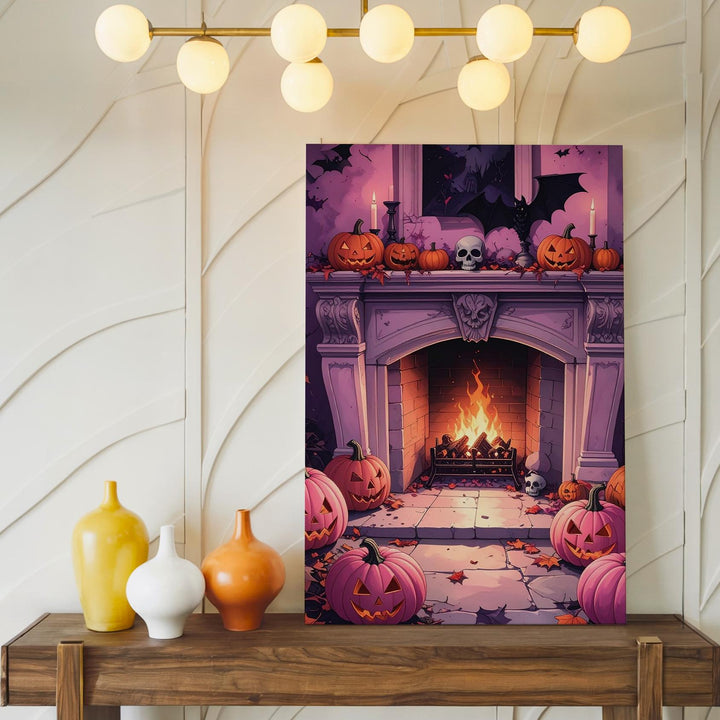 Pink & Purple Halloween Fireplace Canvas – Vibrant Skull and Pumpkin Wall Art - Gifitto