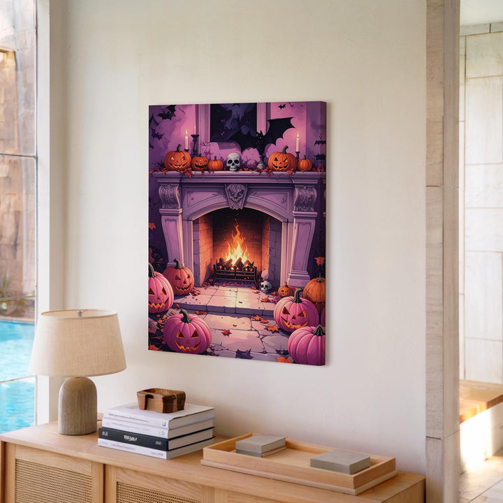 Pink & Purple Halloween Fireplace Canvas – Vibrant Skull and Pumpkin Wall Art - Gifitto