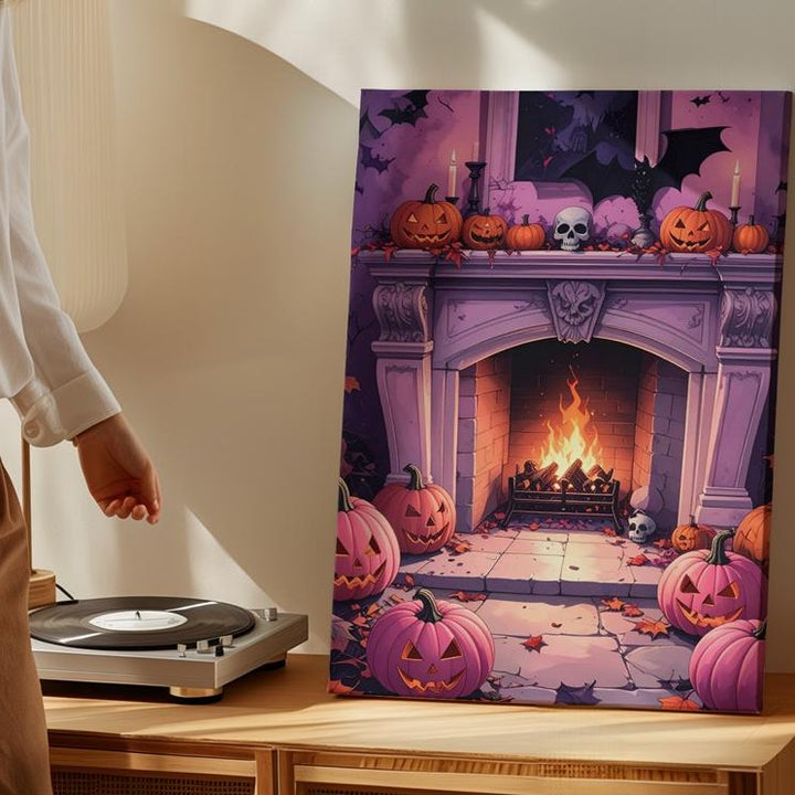 Pink & Purple Halloween Fireplace Canvas – Vibrant Skull and Pumpkin Wall Art - Gifitto