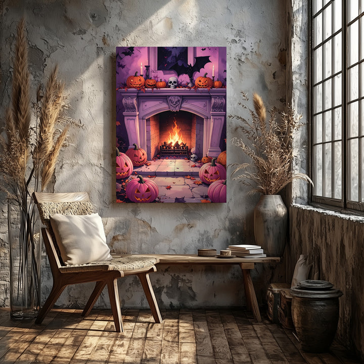 Pink & Purple Halloween Fireplace Canvas – Vibrant Skull and Pumpkin Wall Art - Gifitto