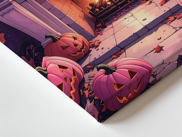 Pink & Purple Halloween Fireplace Canvas – Vibrant Skull and Pumpkin Wall Art - Gifitto