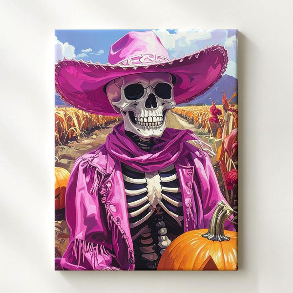 Pink Cowboy Skeleton Canvas – Rustic Halloween Art with Pumpkin & Country Charm - Gifitto
