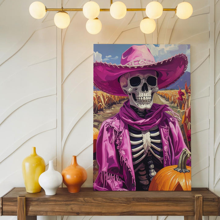 Pink Cowboy Skeleton Canvas – Rustic Halloween Art with Pumpkin & Country Charm - Gifitto