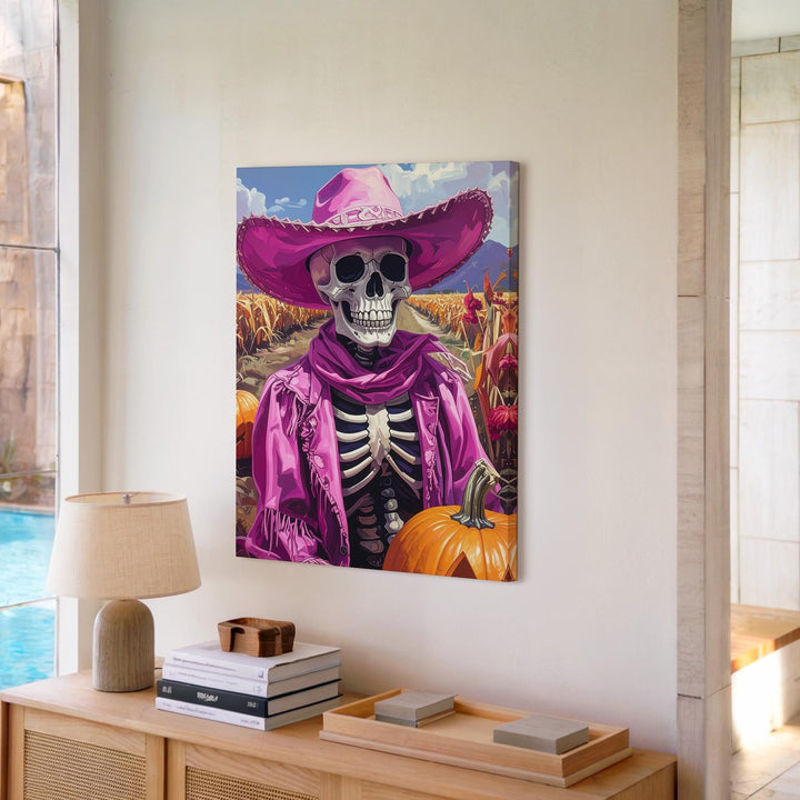 Pink Cowboy Skeleton Canvas – Rustic Halloween Art with Pumpkin & Country Charm - Gifitto