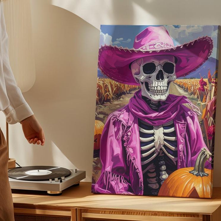 Pink Cowboy Skeleton Canvas – Rustic Halloween Art with Pumpkin & Country Charm - Gifitto