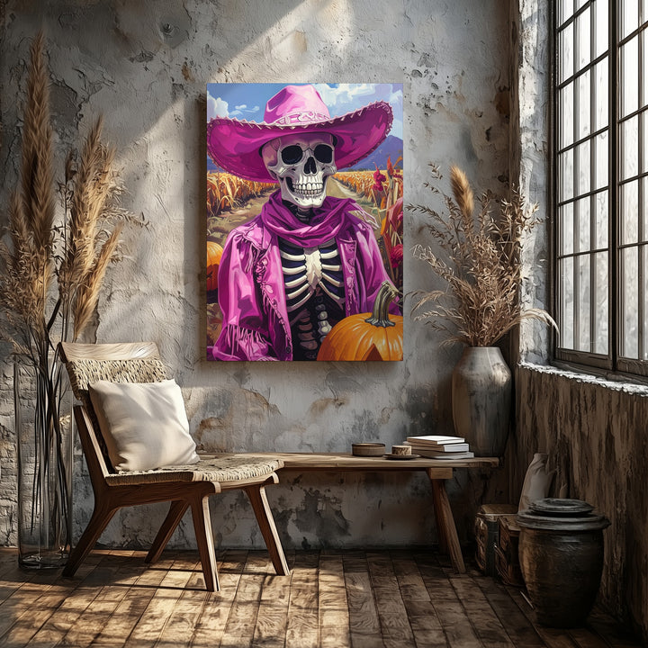 Pink Cowboy Skeleton Canvas – Rustic Halloween Art with Pumpkin & Country Charm - Gifitto