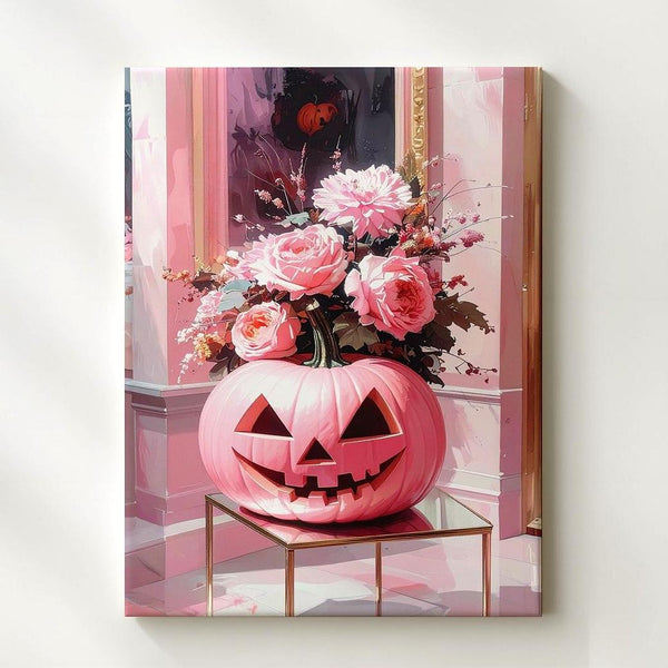 Floral Pink Jack-O’-Lantern Canvas – Minimal Pastel Halloween Wall Art - Gifitto