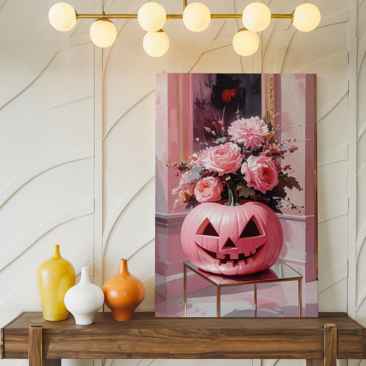 Floral Pink Jack-O’-Lantern Canvas – Minimal Pastel Halloween Wall Art - Gifitto