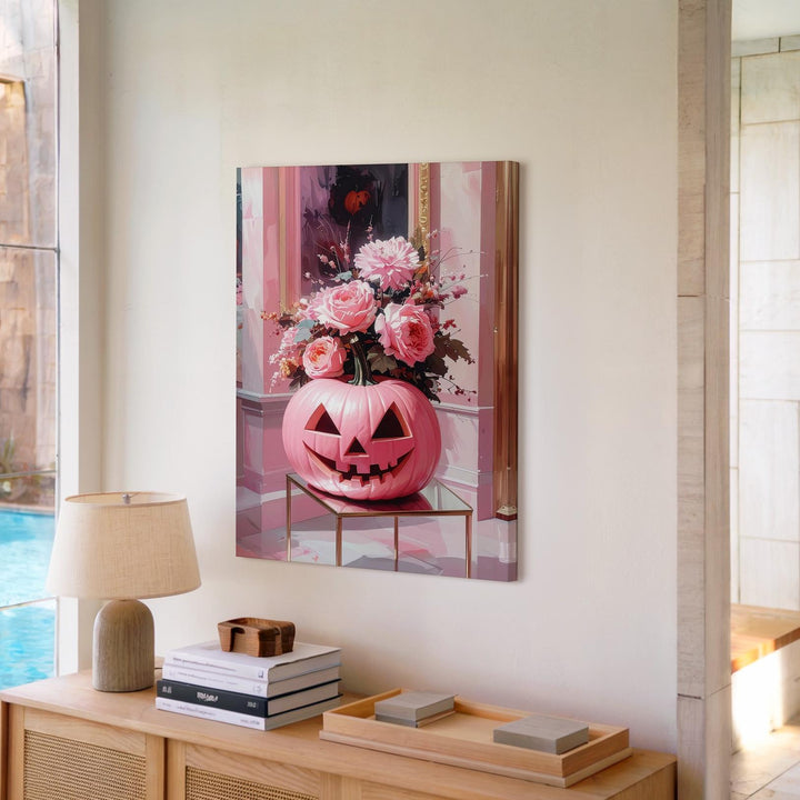 Floral Pink Jack-O’-Lantern Canvas – Minimal Pastel Halloween Wall Art - Gifitto