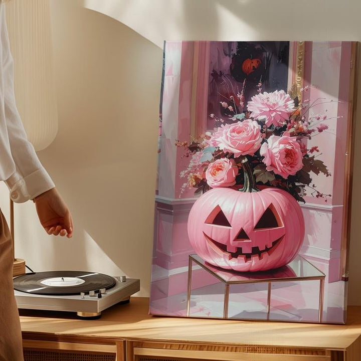 Floral Pink Jack-O’-Lantern Canvas – Minimal Pastel Halloween Wall Art - Gifitto