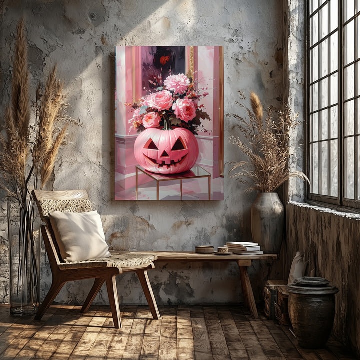 Floral Pink Jack-O’-Lantern Canvas – Minimal Pastel Halloween Wall Art - Gifitto