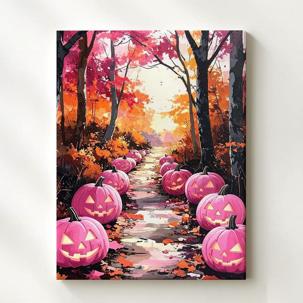 Pink Jack-o’-Lantern Path Canvas – Fairytale Autumn Forest Glow - Gifitto
