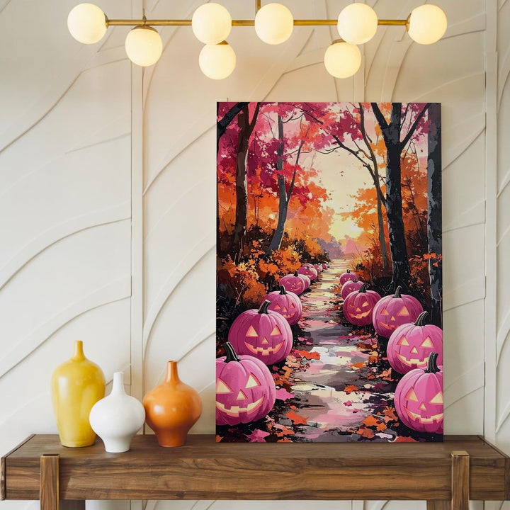 Pink Jack-o’-Lantern Path Canvas – Fairytale Autumn Forest Glow - Gifitto