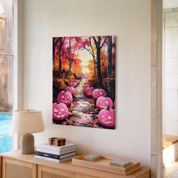 Pink Jack-o’-Lantern Path Canvas – Fairytale Autumn Forest Glow - Gifitto