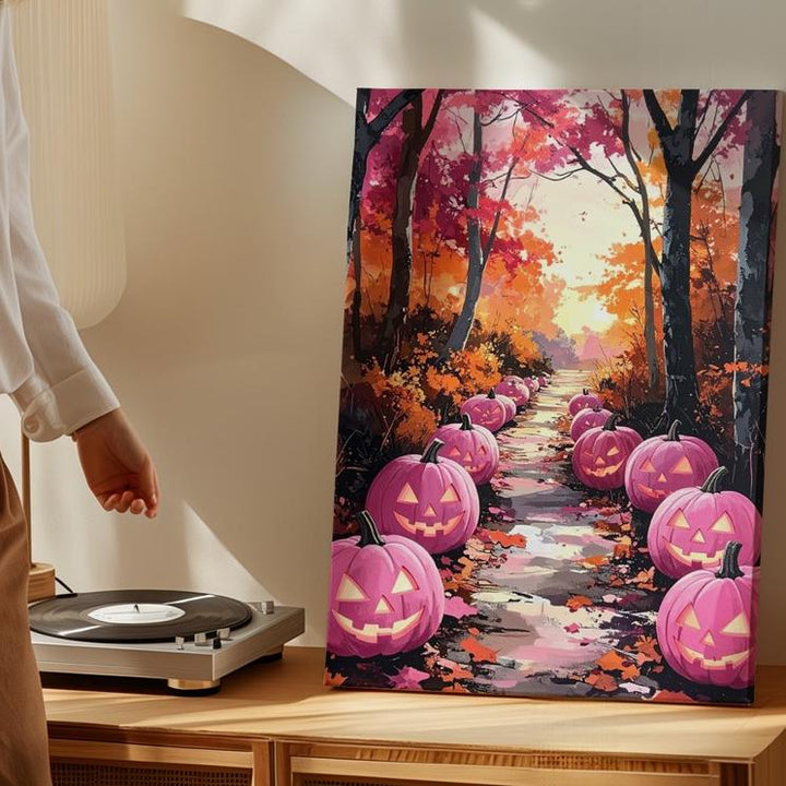 Pink Jack-o’-Lantern Path Canvas – Fairytale Autumn Forest Glow - Gifitto