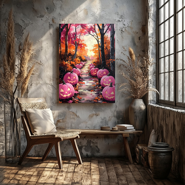 Pink Jack-o’-Lantern Path Canvas – Fairytale Autumn Forest Glow - Gifitto