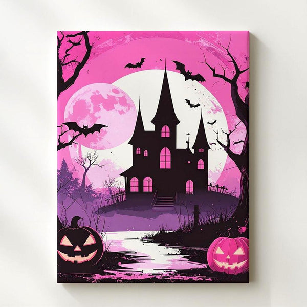 Pink Silhouette Halloween Canvas – Haunted House & Jack-O’-Lantern Wall Art - Gifitto