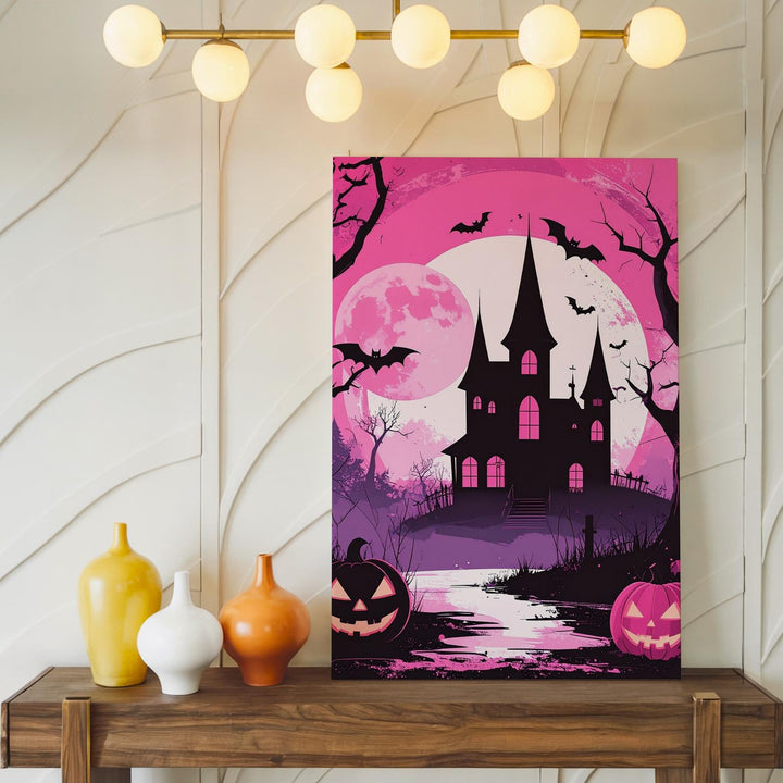 Pink Silhouette Halloween Canvas – Haunted House & Jack-O’-Lantern Wall Art - Gifitto