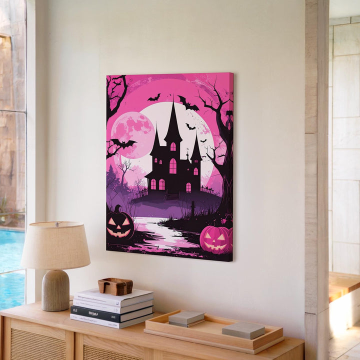 Pink Silhouette Halloween Canvas – Haunted House & Jack-O’-Lantern Wall Art - Gifitto