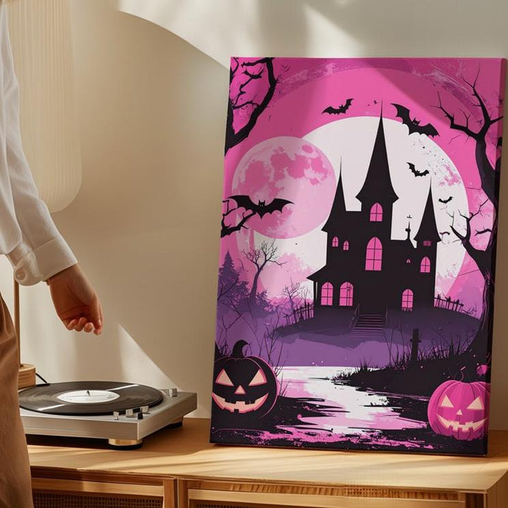 Pink Silhouette Halloween Canvas – Haunted House & Jack-O’-Lantern Wall Art - Gifitto