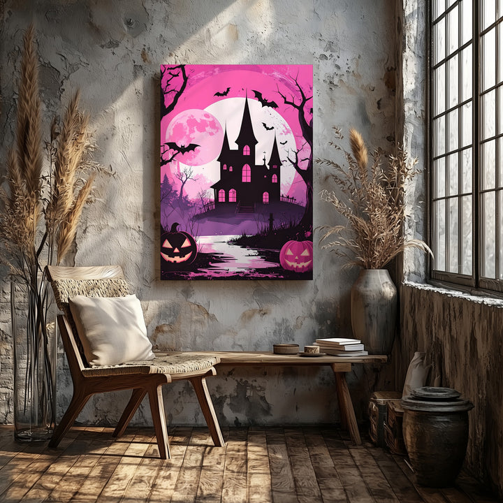Pink Silhouette Halloween Canvas – Haunted House & Jack-O’-Lantern Wall Art - Gifitto