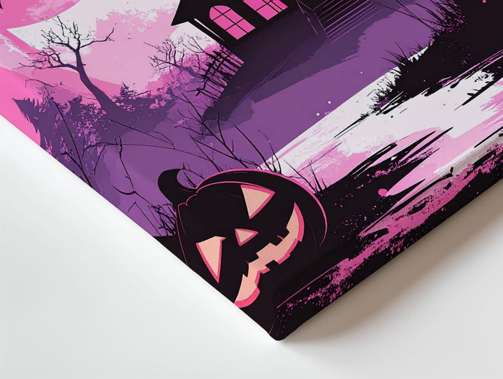 Pink Silhouette Halloween Canvas – Haunted House & Jack-O’-Lantern Wall Art - Gifitto