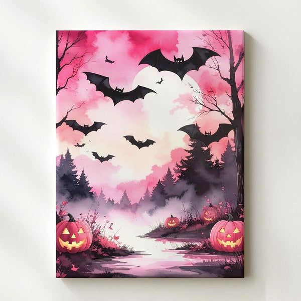Pink Twilight Forest Canvas – Glowing Jack-o’-Lanterns & Flying Bats Art - Gifitto