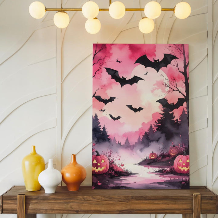 Pink Twilight Forest Canvas – Glowing Jack-o’-Lanterns & Flying Bats Art - Gifitto
