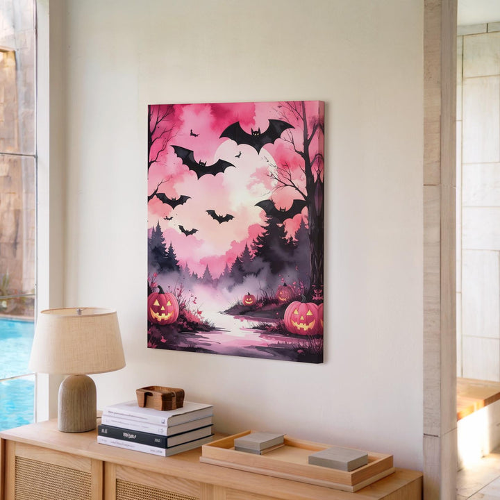 Pink Twilight Forest Canvas – Glowing Jack-o’-Lanterns & Flying Bats Art - Gifitto