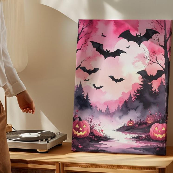 Pink Twilight Forest Canvas – Glowing Jack-o’-Lanterns & Flying Bats Art - Gifitto