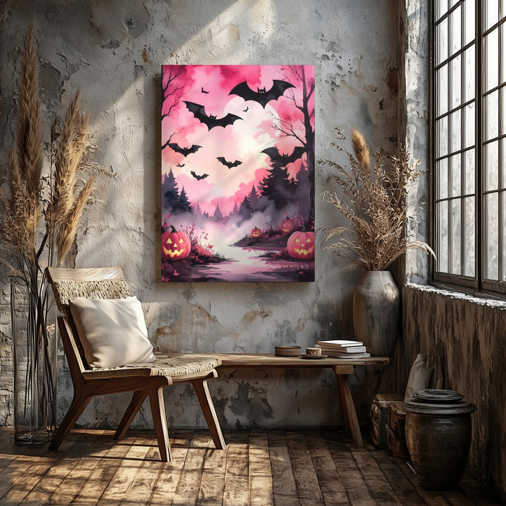 Pink Twilight Forest Canvas – Glowing Jack-o’-Lanterns & Flying Bats Art - Gifitto