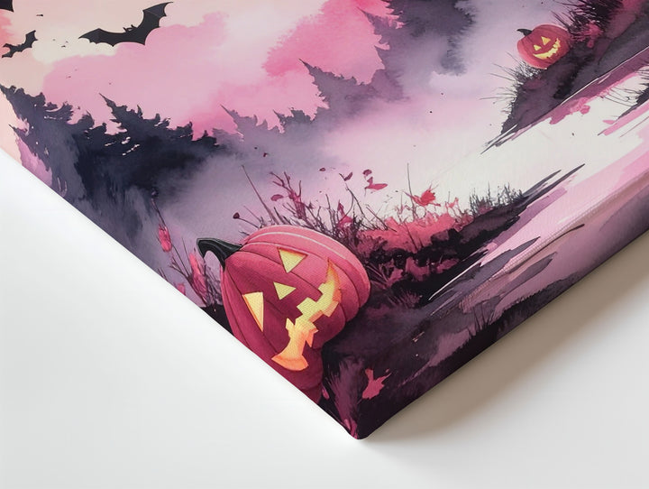Pink Twilight Forest Canvas – Glowing Jack-o’-Lanterns & Flying Bats Art - Gifitto