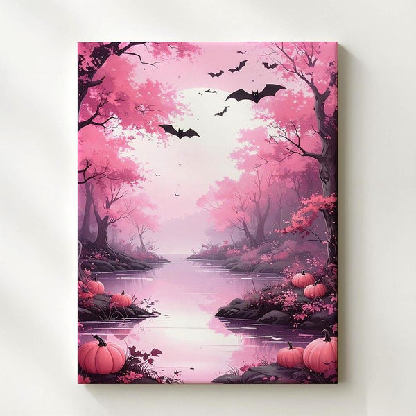 Elegant Pink Woodland Canvas – Winding River & Halloween Pumpkins Art - Gifitto