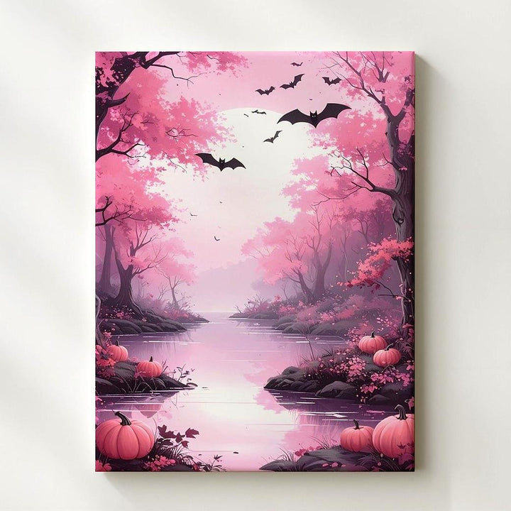 Elegant Pink Woodland Canvas – Winding River & Halloween Pumpkins Art - Gifitto