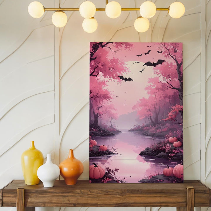 Elegant Pink Woodland Canvas – Winding River & Halloween Pumpkins Art - Gifitto