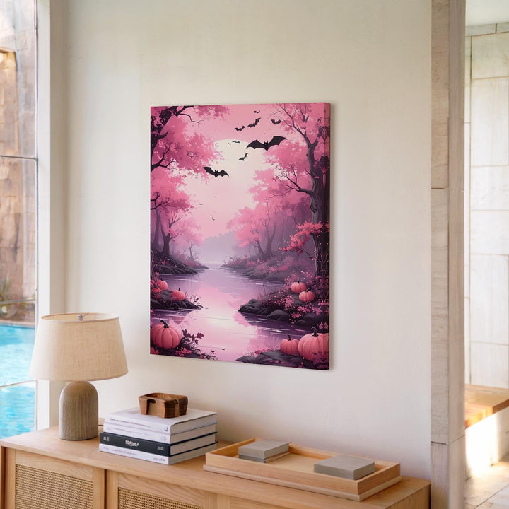 Elegant Pink Woodland Canvas – Winding River & Halloween Pumpkins Art - Gifitto